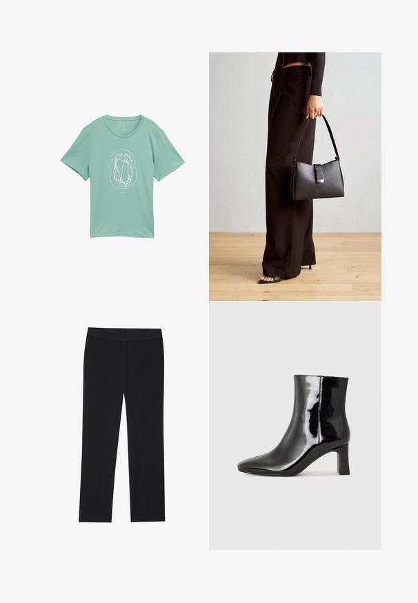 Mint vihreä lyhythihainen t-paita pehmeästä kankaasta, jossa on ympyränmuotoinen valkoinen graafinen kuvio erikoisviivoilla ja teksteillä sen ympärillä.; Mustat housut suoranlahkeisella muotoilulla, joissa on sivutaskut ja sileä kangas. Vähäisellä yksityiskohdalla, siisti vyötärö.; Musta patenttilakattu nilkkuri, jossa on terävä kärki ja keskipitkä lohkarekorko. Silkkinen pinta ja minimalistinen muotoilu.; Musta käsilaukku, jossa on rakenteellinen muoto, sileä pinta ja metallinen solki. Yhdistetty leveisiin mustiin housuihin ja avonaiheisiin sandaaleihin puulattialla.