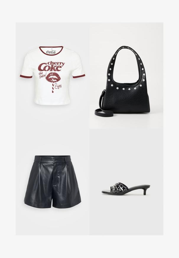 Witte cropped t-shirt met een ronde bordeauxrode halslijn en mouwhemsen. Bevat retro rode grafische tekst met de opdruk "cherry Coke" en een lipillustratie.; Zwarte leren shorts met een gladde textuur, op maat gemaakte stijl, geplooide voorkant en riemlussen; beschikt over een verborgen ritszak aan de zijkant.; Zwarte hoge sandaaltjes met meerdere glanzende banden en metallic accenten, met een puntige neus en bescheiden kitten heels. Gladde textuur.; Zwarte leren handtas met een gestructureerd oppervlak en zilveren studs langs de bovenrand en handvatten, voorzien van een kort handvat en een afneembare schouderband.