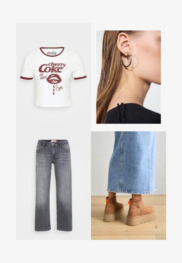 Hvid kortærmet T-shirt med en rund mørkerød halsudskæring og ærmekanter. Udstyret med retro rød grafisk tekst, der siger "cherry Coke" samt en illustration af en læbe.; Grå denim jeans med lige bendesign, fem-lommestil, subtil fading og trykknaplukning i taljen.; Brune ruskinds platform støvler med elastiske sidepaneler og orange trækstropper, parret med en knælang lys denimnederdel på et trægulv.; Sølv hoop ørestik med en poleret overflade, prydet med små guld accenter og en rund form, båret på øreflippen.