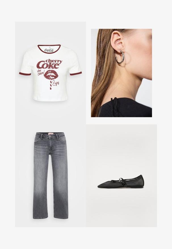 Bílý zkrácený tričko s kulatým vínovým výstřihem a lemy rukávů. Obsahuje retro červený grafický text "cherry Coke" a ilustraci rtů.; Šedé džíny z denimu se středně širokým střihem, stylem s pěti kapsami, jemným vyblednutím a zapínáním na knoflík v pase.; Černá plochá obuv s špičatou špičkou, síťovaným svrškem a akcenty z lakované kůže. Obsahuje tenký pásek s kulatým kovovým detailem.; Stříbrný kruhový náušník s lesklým povrchem, zdobený malými zlatými akcenty, v kulatém tvaru, nošený na lalůčku.