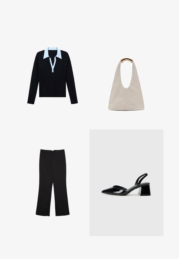 Schwarzes Langarmshirt mit hellblauem offenen V-Ausschnitt und Knopfleiste, flach auf einem weißen Hintergrund gelegt.; Schwarze Hose mit geradem Schnitt, ausgestattet mit Fronttaschen und Seitenschlitzen am Saum. Hergestellt aus weichem, glattem Stoff. Geeignet für verschiedene Anlässe.; Schwarze Lackleder-Slingback-High Heels mit spitzem Schuh und einem geometrischen Blockabsatz. Verfügt über ein schlankes, minimalistisches Design und eine glatte Textur.; Hellgraue Lederhandtasche mit einem U-förmigen Design und einem geschwungenen, metallischen Griff. Glatte Textur mit minimalen Nähten und ohne sichtbare Muster.
