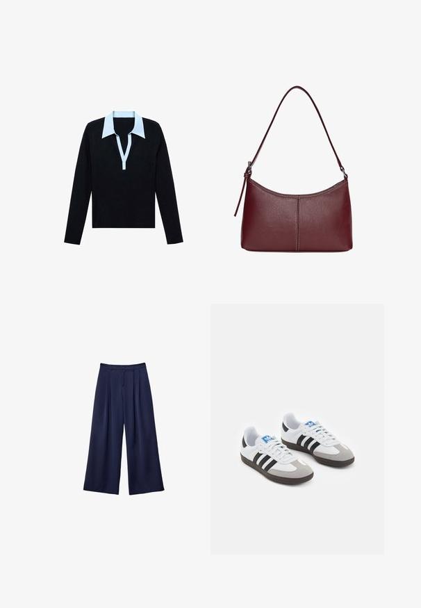 Schwarzes Langarmshirt mit hellblauem offenen V-Ausschnitt und Knopfleiste, flach auf einem weißen Hintergrund gelegt.; Marineblaue weite Hosen mit Falten, Knopfverschluss und Gürtelschlaufen, flach auf einem weißen Hintergrund präsentiert.; Sportschuhe mit einem Obermaterial aus weißem Leder, grauer Wildleder-Zehenkappe und drei schwarzen Streifen. Sie verfügen über ein blaues Logo auf der Zunge und eine strukturierte Gummisohle.; Bordeauxfarbene Ledertasche mit geschwungener Form, einem einzigen Schulterriemen und gesteppten Details in der Mitte. Glatte Textur, minimales Zubehör.