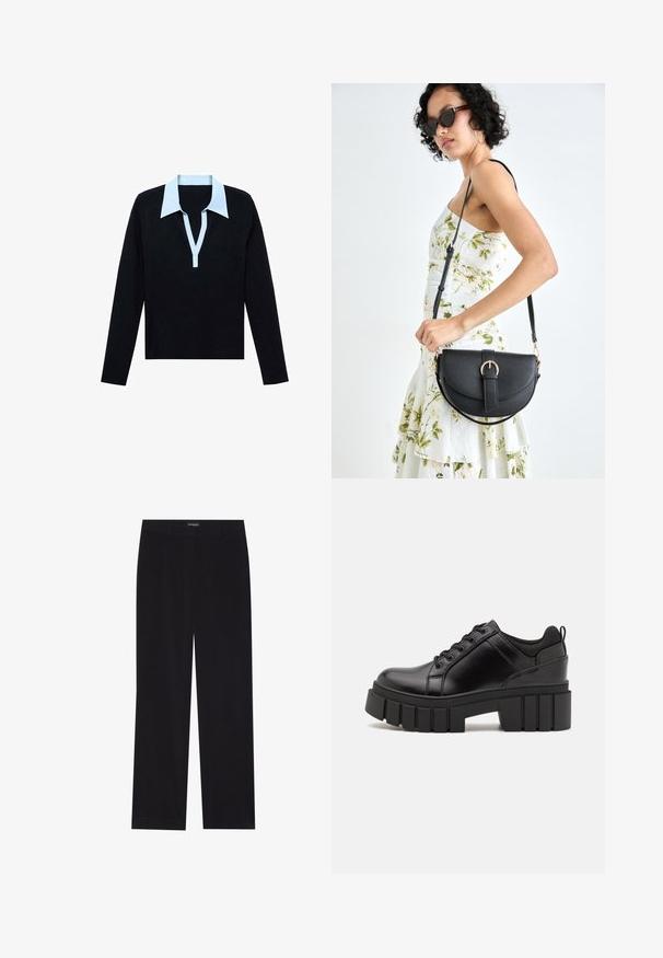 Schwarzes Langarmshirt mit hellblauem offenen V-Ausschnitt und Knopfleiste, flach auf einem weißen Hintergrund gelegt.; Schwarze Corduroyhose mit geradem Schnitt, flachem Bund und ohne sichtbare Taschen, glatte Textur und vertikale Rippendetails.; Schwarze Lederplateauschuhe mit klobigem Blockabsatz, runder Zehenpartie und traditionellem Schnürdesign. Verfügt über eine glatte Textur und minimale Details.; Schwarze Lederhandtasche mit geschwungener Form, abnehmbarem Tragegurt und goldenen Beschlägen. Die Tasche verfügt über einen Deckel mit einer Schnallen-Details.