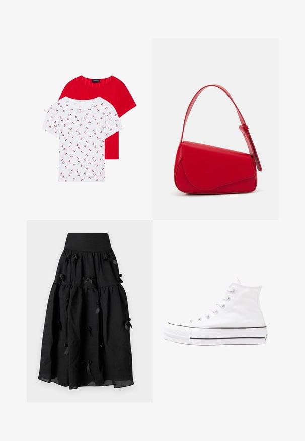 To korte ærmelige t-shirts: en rød med et struktureret mønster og en hvid med et kirsebærprint, rund halsudskæring, lavet af bomuldsstof.; Sister Jane BIRDIE BOW MIDI SKIRT - A-snit nederdel - black; Hvide høje kanvas sneakers med sort gummisål, gummitåhætte foran og seks øjehuller til snørebånd, der har et rent, minimalistisk design.; Rød læderhåndtaske med et kantet, geometrisk design. Har en enkelt justerbar rem og en klaplukning med syede detaljer.