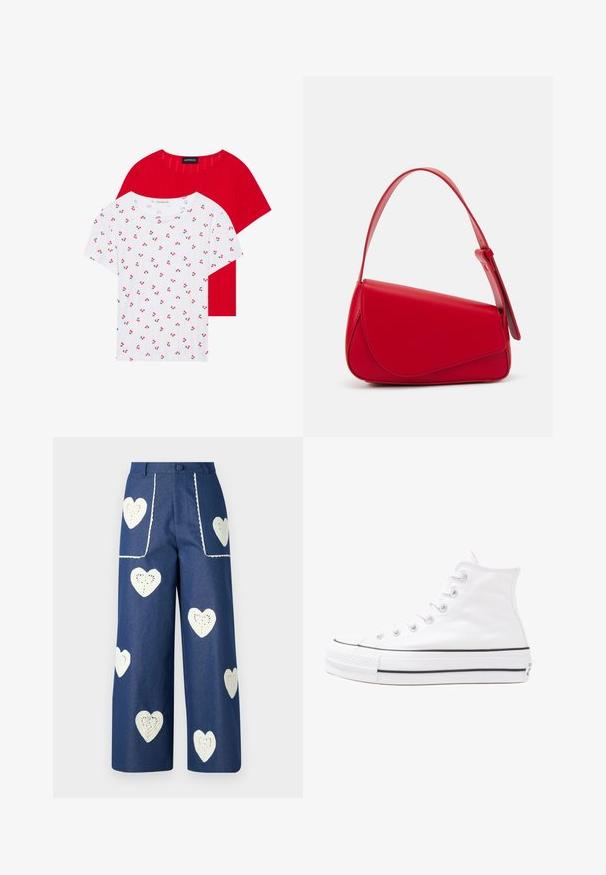 To korte ærmelige t-shirts: en rød med et struktureret mønster og en hvid med et kirsebærprint, rund halsudskæring, lavet af bomuldsstof.; Sister Jane HEART TO HEART - Jeans Straight Leg - blue denim; Hvide høje kanvas sneakers med sort gummisål, gummitåhætte foran og seks øjehuller til snørebånd, der har et rent, minimalistisk design.; Rød læderhåndtaske med et kantet, geometrisk design. Har en enkelt justerbar rem og en klaplukning med syede detaljer.