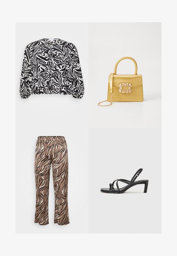 Blúzka so zebrovým vzorom v čiernej a bielej farbe, s peplum lemom, skladanými detailmi, okrúhlym výstrihom a dlhými puff rukávmi. Mäkká textúra látky.; Hnedé a krémové nohavice so zebrovaným vzorom s elastickým pásom, s voľným strihom a hladkým textilným povrchom.; Čierne sandále na vysokom podpätku so štvorcovou špičkou a nízkym blokovým podpätkom. Obsahujú viacero tenkých popruhov a nastaviteľný členkový popruh. Vyrobené z hladkej kože.; Žltá falošná krokodília kabelka so štruktúrovaným dizajnom, horným držadlom, odnímateľným reťazovým popruhom a dekoratívnym kryštálovým ozdobením na zapínaní.