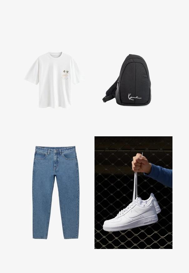 Next T-shirt med print - white japan; Blå denimjeans med rak benpassform, fem fickor och dragkedja. Har synlig sömnad och en blekt textur.; Vita lädersneakers med perforeringar, rund tå, platt sula och tjocka snörning, med en synlig swoosh-logga och "AIR" på hälen.; Svart tyg sling ryggsäck med en mjuk textur, med en rundad design, en dragkedjefack och en vit logotyp på framsidan.