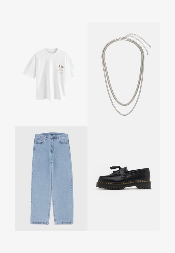 Next T-shirts print - white japan; Lyseblå denimjeans med straight leg-design, der har en mid-rise talje, fem lommer og en lukning med knap og lynlås.; Sort læderloafer med en frynsedetalje, der har en kraftig sort sål og gul syninger langs kanten. Teksturert overflade.; Tre-lags sølvmetal halskæde med slanke, flexible kæder med en let glans, sikret med en hummerlås og justerbar kæde.
