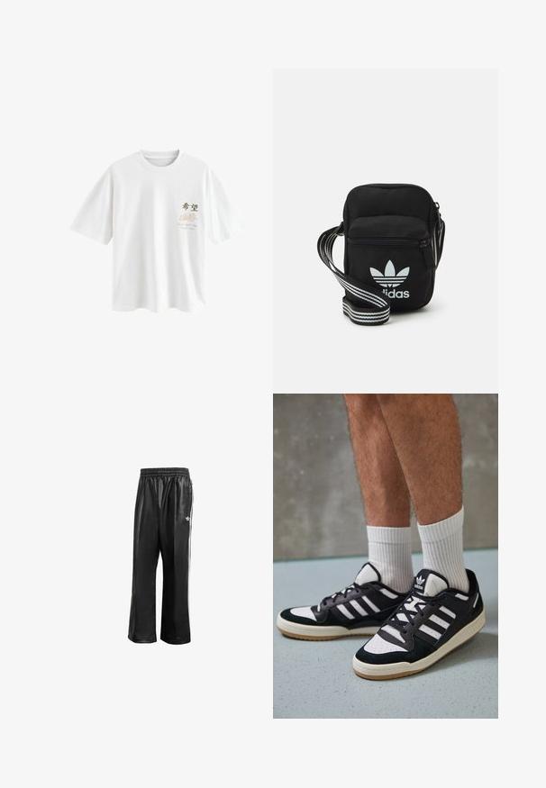 Next Marškinėliai su spaudiniu - white japan; Juodos sintetinių medžiagų treniruočių kelnės su elastingu juosmeniu, su baltomis šoninėmis juostelėmis ir mažuoju baltu logotipu kairėje klubo pusėje.; Juodos ir baltos sportinės bateliai su zomšiniu ir odiniu viršumi, su trimis baltomis juostelėmis, perforuota koja ir guminėmis padais.; Juodas audinio per petį nešiojamas krepšys su užtrauktuku, turintis baltą Adidas logotipą ir dryžuotą reguliuojamą diržą patogiam nešiojimui.