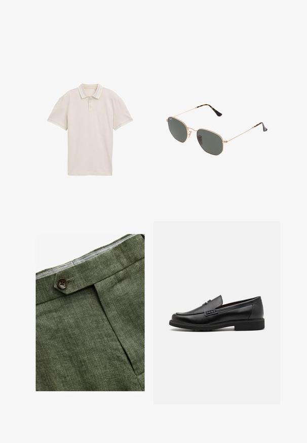 Beżowa koszulka polo z krótkim rękawem, z zapięciem na trzy guziki oraz kontrastującymi pastelowymi paskami na kołnierzyku i mankietach. Lekki materiał.; Zielone lniane spodnie w odcieniu oliwkowym z plisami z przodu, posiadające zapięcie na guzik i kontrastową kratkowaną podszewkę w pasie.; Czarne syntetyczne mokasyny z wyraźnym przeszyciem z przodu, wyściełaną wkładką i płaską gumową podeszwą; smukły design z minimalnymi detalami.; Złote okulary przeciwsłoneczne w stylu aviatora z ciemnozielonymi soczewkami, z wąskimi ramionami i akcentami w panterkę na końcach.