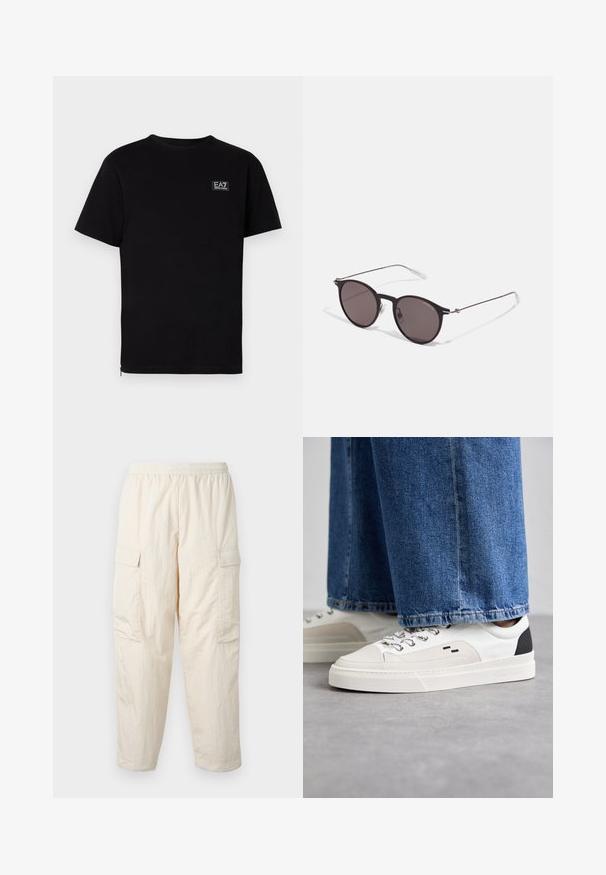Melnas kokvilnas t-krekls ar īsām piedurknēm, apaļu kakla izgriezumu un mazu taisnstūra logotipu kreisajā krūtī. Vienkāršs dizains, bez rakstiem.; Beige kravas bikses ar elastīgu vidukli, ar divām sānu kabatām un mīkstu, vieglu audumu. Rievojuma tekstūra.; Balti un melni apavi ar gludu ādas virsu, teksturētiem akcentiem un masīvu baltu zoli. Iespējojot klasisku šņorējamu dizainu.; Melni apaļi saulesbrilles ar tumšiem lēca un plānām metāla stangām. Iekļautas caurspīdīgas tempļu galviņas un sudraba akcenti pie eņģes. Minimalistisks dizains.