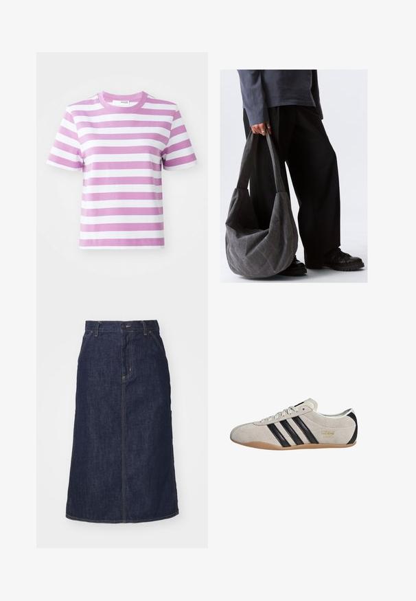 Selected Femme SLFESSENTIAL TEE - Trükipildiga T-särk - first bloom; Tume denim.seelik kõrge vöökoha, sirge lõike, esikottide ja õmmeldud õmblustega. Vöökoht on varustatud luku ja nööbiga.; Suuletennised halli ülemise osa, mustade triipude ja kummi kummiga talla. Omab nööridega kinnitust ja kuldset logo detailsust küljes.; Hallide hall fabricï õlakott, millel on lõtv kuju, sile tekstuur ja laiad rihmad. Kotti hoiab tumedates pükstes isik.