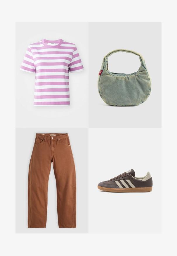 Selected Femme SLFESSENTIAL STRIPED BOXY TEE - Print T-shirt - first bloom; Rust brown straight-leg jeans with front and back pockets, metal rivets, button closure, and belt loops, laid flat on a white background.; Brown leather sneaker with three light-colored stripes, rubber gum sole, rounded toe, and textured suede accents on the heel and toe.; Light blue denim handbag with short padded handle and small red Levi's logo tag on the side, set against a plain background.
