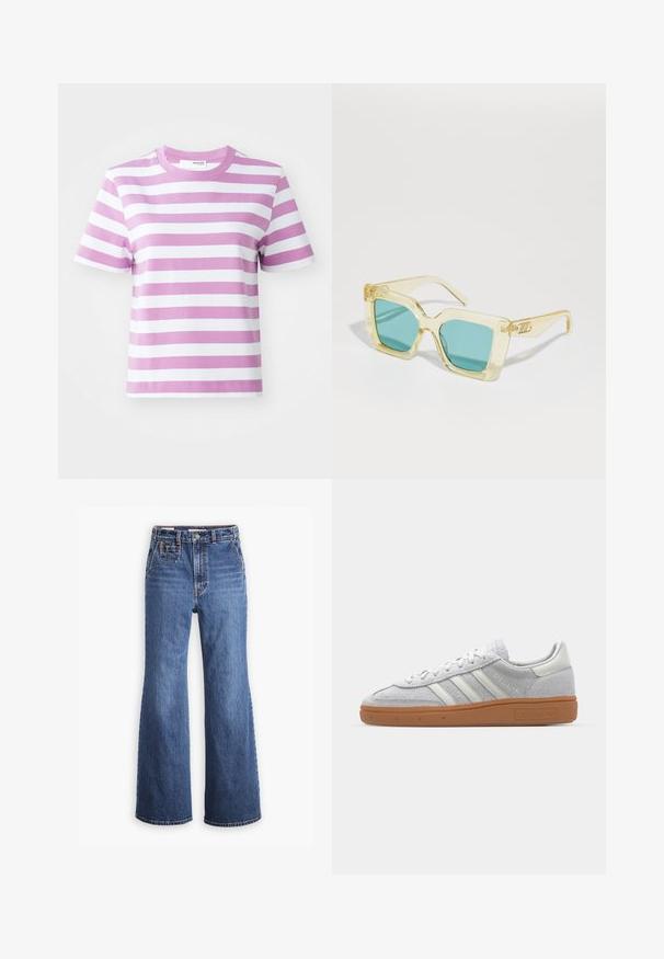 Selected Femme SLFESSENTIAL TEE - Trükipildiga T-särk - first bloom; Kõrge vöökohaga sinised teksad, millel on lai sääremood, ees tasku, messingist nupu lukustus ning kontrastne õmblus.; Heledad hallhall kreemikas nähtav dress särk valgete nahka elementidega, kolm valget triipu ja pruun kummikreen, millel on mugavuse tagamiseks pehmendusega kaelus.; Kollane läbipaistev päikeseprillid teal-läätsega, ruudukujuline kuju ja eristuv nurga all temple disain, millel on graveeritud detailid.