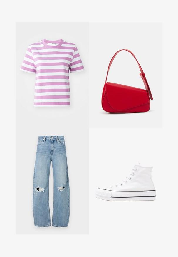 Selected Femme SLFESSENTIAL STRIPED BOXY TEE - T-shirt print - first bloom; Lichtblauwe, hooggeritste jeans van denim. Beschikken over wijde pijpen, twee gescheurde knievalken en klassieke vijfzakken styling.; Witte high-top canvas sneakers met een zwarte rubberen zool, een rubberen neuskap aan de voorkant en zes gaatjes voor veters, met een schone, minimalistische uitstraling.; Rode leren handtas met een hoekig, geometrisch ontwerp. Beschikt over een enkele verstelbare schouderriem en een klepclosure met gestikte details.