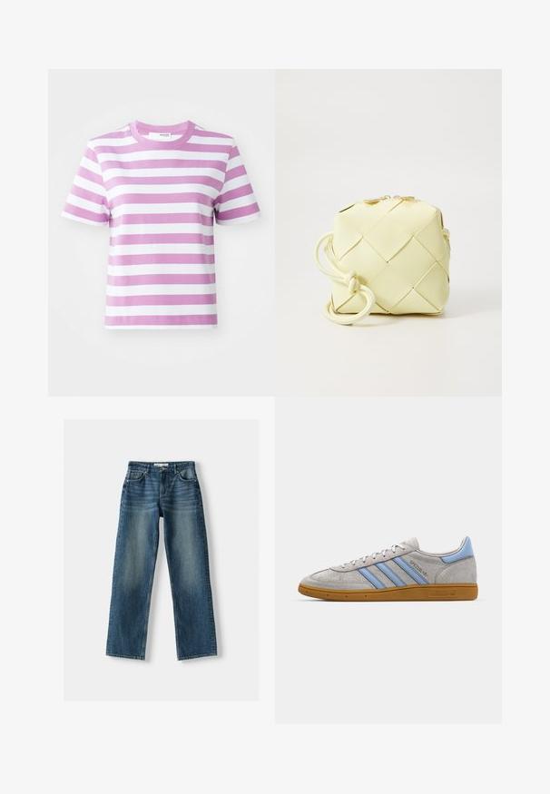 Selected Femme SLFESSENTIAL STRIPED BOXY TEE - Printtipaita - first bloom; Siniset farkut, joissa on suora lahje, nappikiinnitys, viisi taskua ja haalistuneita alueita. Materiaali vaikuttaa tukevasti rakennetulta ja teksturoidulta.; Harmaa nubuk-nilkkkenkä, jossa on vaaleansinisiä raitoja, kuminen pohja ja logo-koristelu. Matalaprofiilinen muotoilu, pyöreä kärki ja nauhakiinnitys.; Keltainen kudottu käsilaukku neliömäisellä muotoilulla, jossa on sileä pinta, koristeellinen solmittu hihna ja kultainen metalliosuus.