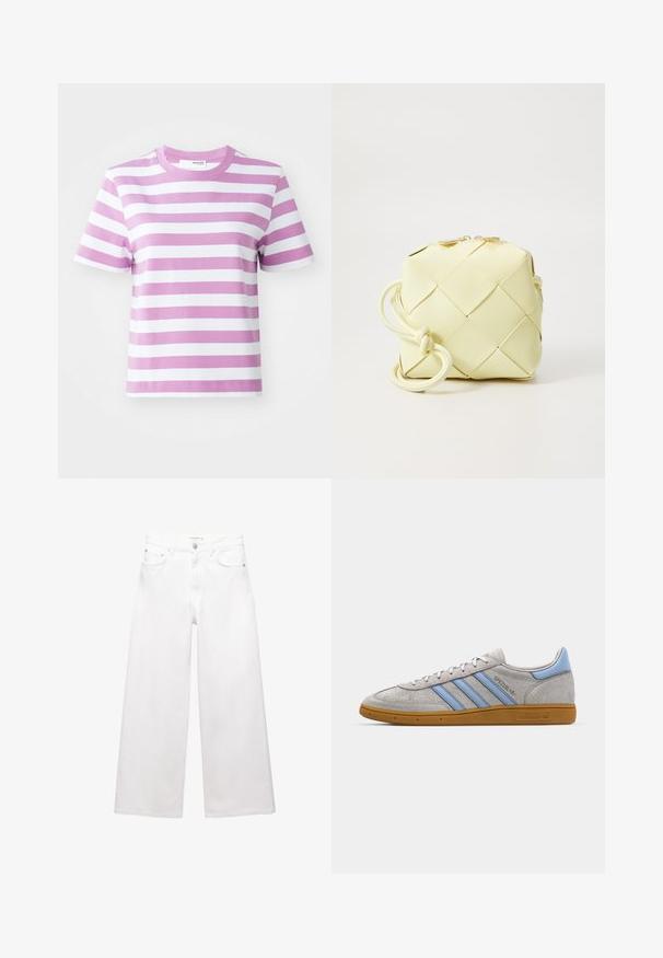 Selected Femme SLFESSENTIAL STRIPED BOXY TEE - T-shirts print - first bloom; Hvide bredde bukser lavet af bomuld, med høj talje, fem-lomme design og messingdetaljer. Glat, ikke-slidt tekstur.; Grå ruskinds sneakers med lyseblå striber, gummisål i farven gum og logo detaljer. Lavt design med rund tå og snørelukning.; Gul, vævet håndtaske med firkantet design, der har en glat tekstur, dekorativ knyttet rem og hardware i guldfarve.
