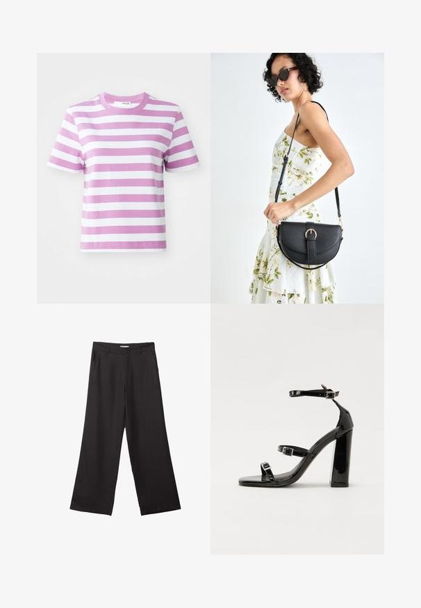 Selected Femme SLFESSENTIAL STRIPED BOXY TEE - Potiskana majica - first bloom; Črne široke hlače iz gladkega materiala, z sprednjim zadrgo in dvema stranskima žepoma, s prilagojenim krojem in minimalističnim dizajnom.; Črne lakirane sandale s peto, kvadratnim prstom, trakovi okrog gležnja in srebrnimi zaponkami. Opremljene so s stabilno Debelo peto.; Črna usnjena torbica s ukrivljeno obliko, z odstranljivo naramnico in zlatimi dodatki. Torbica ima pokrov s podrobnostmi v obliki zaponke.