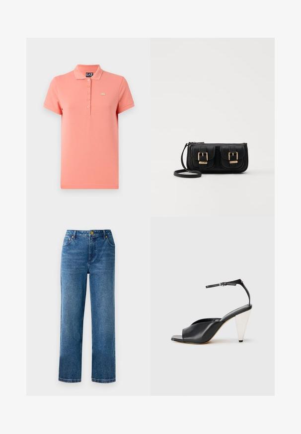 Világos korall színű pólóing, pamutból készült, klasszikus gallérral, rövid ujjakkal, öt gombos záródással, és egy kis arany logóval.; Kék, magas derekú farmernadrág, egyenes szára van, pamutból készült, öt zsebből áll, arany színű fém díszítésekkel.; Fekete bőr magassarkú szandál nyitott orral, aszimmetrikus dizájnnal, bokapánttal és fémes kúpos sarokkal. Az anyag sima textúrájú.; Fekete bőr keresztbody táska két elülső zsebbel, arany csattokkal, cipzáras záródással és vékony pánttal. Textúrált felület és kompakt téglalap alak.