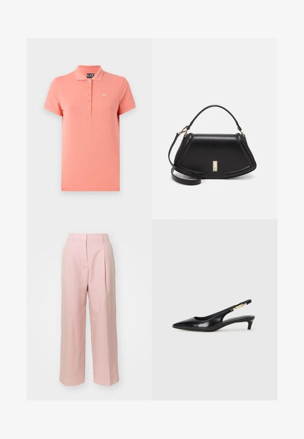Polo de color coral claro, fabricado en algodón, que presenta un cuello clásico, mangas cortas, una tapeta de cinco botones y un pequeño acento en oro.; Pantalones de pierna ancha en rosa pálido con una cintura alta, pliegues en el delantero y detalles de dobladillo cosidos. Hechos de una tela suave y ligera.; Tacones negros de piel sintética tipo slingback con punta afilada, que cuentan con un tacón delgado y un detalle en tono dorado en la correa ajustable. Textura suave.; Bolso de mano de cuero negro con un diseño estructurado, que presenta una forma recortada, asa superior y acentos en dorado. Correa de hombro ajustable incluida.