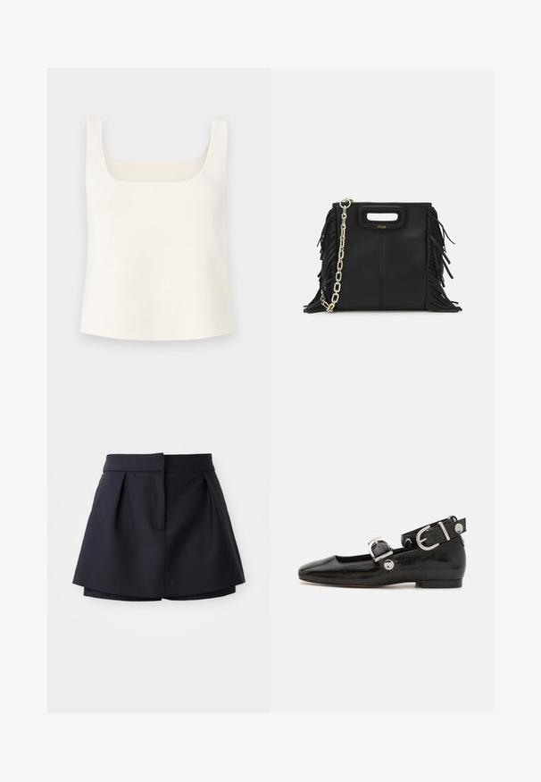 Hvid strikket tanktop med firkantet halsudskæring, brede stropper og en afslappet pasform, der har en glat tekstur og ingen mønstre.; Marineblå plisserede shorts med høj talje, fremstillet af glat stof. Har et tætsiddende design og en skjult forlommer.; Sorte patenteret lædersko med firkantet tå, ankelrem med sølvhardware og flad sål. Glat tekstur med minimalistisk design.; Sort læder skuldertaske med frynse-detaljer, guldkæde skulderrem og udskåret håndtag. Har logo placeret på forsiden.