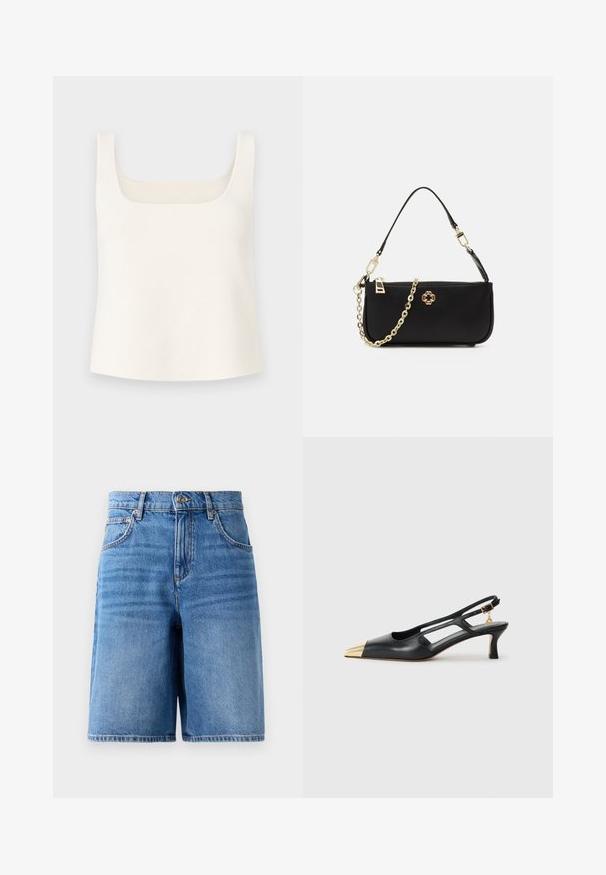 Hvit strikket tanktop med firkantet utringning, brede skulderstropper og avslappet passform, med en glatt tekstur og uten mønstre.; Lys blå denimshorts med høy livhøyde, bred bendesign, fem lommer og sømdetaljer langs kantene.; Svarte skinn slingback-sko med spiss tå og gullmetallhette. Har utskjæringsdesign og en slank hæl med justerbar stropp.; Svart håndveske med en glatt tekstur, som har en gullkjede-reim, glidelås-lukking og et dekorativt gull-emblem på forsiden.
