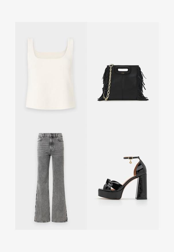 White knitted tank top with a square neckline, wide shoulder straps, and a relaxed fit, featuring a smooth texture and no patterns.; Flared black denim jeans with a high waist. Features visible stitching and side slit details, offering a textured look.; Maje High heeled sandals - noir; Black leather handbag with fringe details, gold chain shoulder strap, and a cut-out handle. Features logo placement on the front.