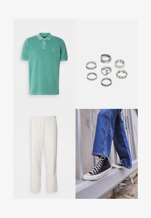 Teal színű polo póló, pamutból készült, klasszikus gallérral, két gombos légzsével és egy kis logóval a bal mellrészen.; Lacoste Tréningruha alsók - hammam; Fekete magasszárú sportcipők fehér talppal és fűzővel, laza kék farmernadrággal párosítva, egy szürke korlát tetején pihenve.; Hét ezüst gyűrűből álló szett, különböző formákkal és szélességekkel, köztük csavart, összekapcsolt és gravírozott mintákkal.