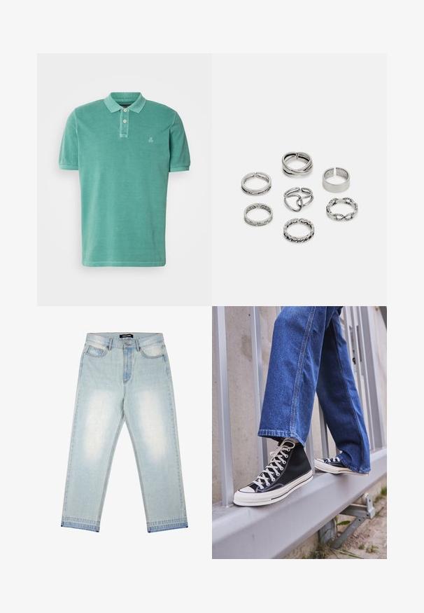 Poloko v barvě teal, vyrobené z bavlny s klasickým límcem, dvoubarevným zapínáním na knoflíky a malým logem na levé straně hrudi.; Pegador BARROW - Volné džíny - sand washed blue; Černé vysoké tenisky s bílou podrážkou a tkaničkami, v kombinaci s volnými modrými džíny, odpočívající na šedém zábradlí.; Sada sedmi stříbrných prstenů s různými vzory, včetně zamotaných, propletených a rytých motivů. Různé tvary a šířky.