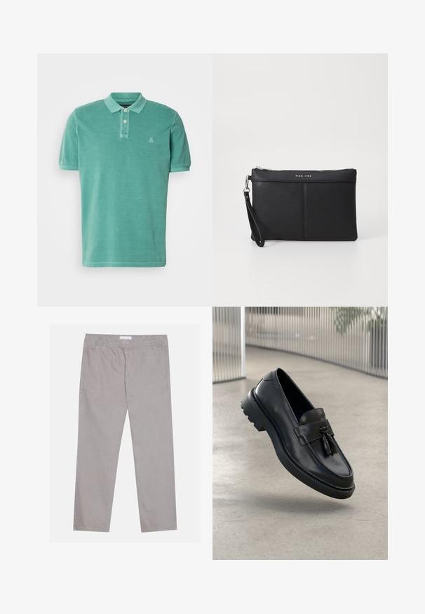 Polo-skjorte i teal, laget av bomull med klassisk krage, to-knappslukking og en liten logo på venstre siden av brystet.; Lys grå bomullsbukser med elastisk midje, to sidelommer, rett ben-design og en jevn tekstur. Enkle sømdetaljer.; Svarte skinnloafers med jevn finish, dekorativ dusk, tykk gummisåle og syede detaljer. Lettvektig og elegant design.; Svart syntetisk clutch med glidelås, håndleddsrem og en glatt tekstur. Har subtil søm og et logo preget på forsiden.