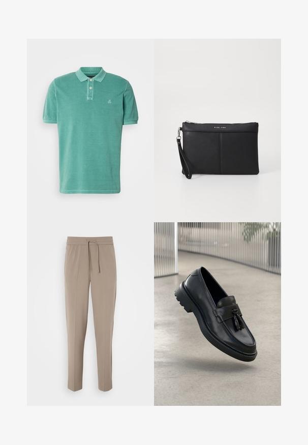 Teal színű polo póló, pamutból készült, klasszikus gallérral, két gombos légzsével és egy kis logóval a bal mellrészen.; Világos bézs nadrág, rugalmas derékkal, állítható húzózsinórral és tapered lábakkal. Az anyag simának tűnik, enyhe fénylással.; Fekete bőrből készült mokaszinok sima felülettel, díszes bojttal, vastag gumitalppal és varrott részletekkel. Könnyű és elegáns kialakítás.; Fekete szintetikus pénztárca cipzárral, csuklópánttal és sima felülettel. Finom varrás és a logó dombornyomott a fronton.