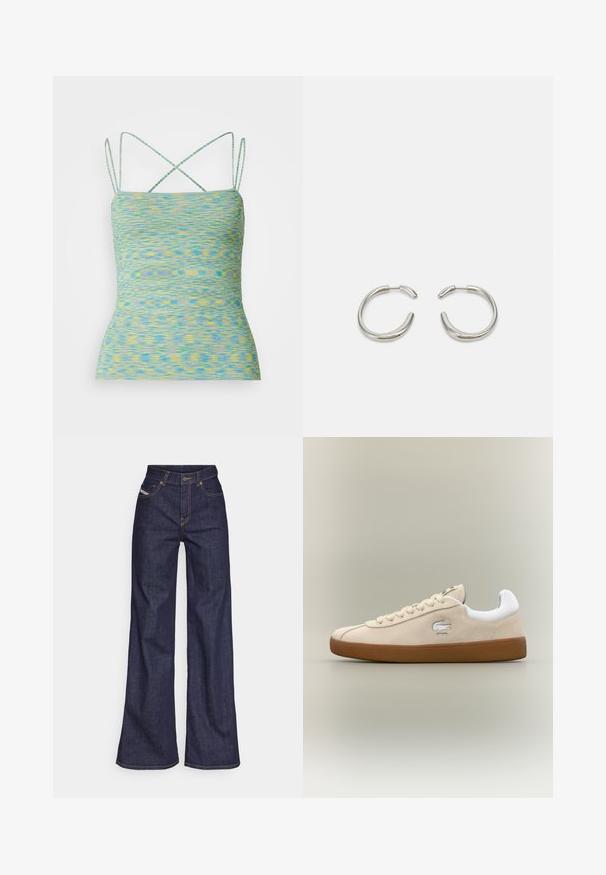 Viegls, bez piedurknēm topiņš ar daudzkrāsainu zilu un dzeltenu rakstu. Iespējamās krusta aizmugures siksnas un pieguļoša forma.; Tumši zili platleņķa džinsi no denima auduma ar augstu jostasvietu, ar oranžām šuvēm, piecu kabatu dizainu un pogu aizdari.; Beige zamšas čības ar baltām akcentiem un gumijas zoli. Ir paaugstināts logo sānos un kontrastējošas beige krāsas šņores. Klasisks dizains.; Sudraba riņķveida auskari ar gludu, noapaļotu dizainu un spīdīgu, pulētu apdari. Raksturīga minimālisma forma ar nelielu atvērumu.