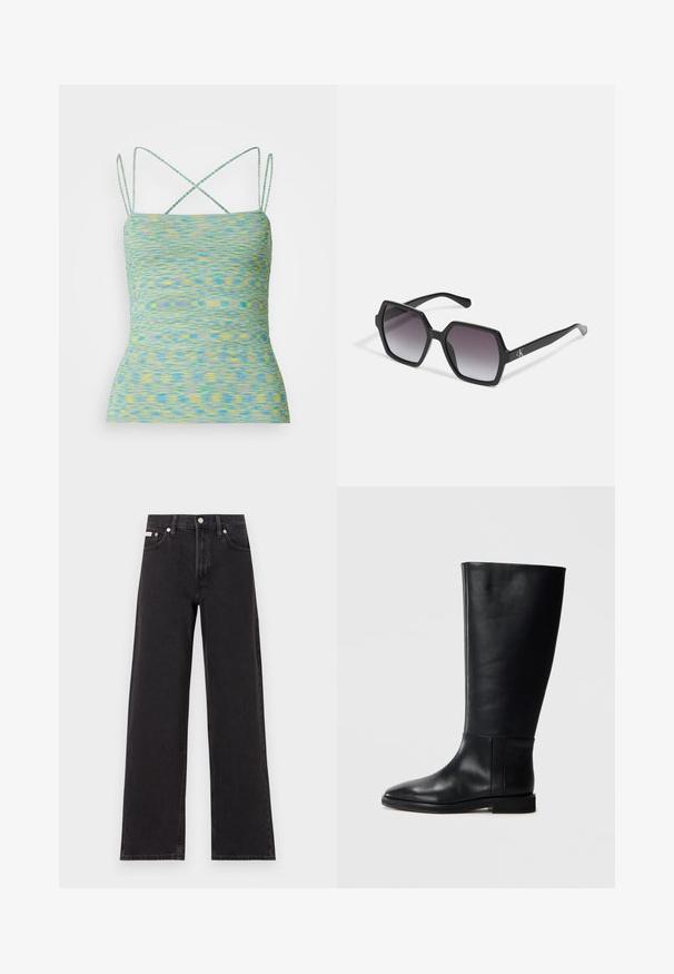 Ľahký, bezrukávový top v mnohobarevnom vzore modrej a žltej. Má prekrížené ramienka a priliehavý strih.; Čierne široké džínsy vyrobené z denimu, s vysokým pásom, piatimi vreckami a kovovým zapínaním s kontrastným šitím.; Čierna kožená čižma po kolená s okrúhlym prstom, hladkou textúrou, minimalistickým dizajnom a plochou podrážkou. Jednoduché švy na nohavici.; Čierne hexagonálne slnečné okuliare s gradientovými šošovkami, majú lesklý povrch a diskrétne logo na stranici. Vyrobené z odolného plastu.