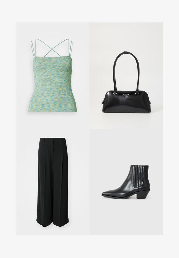 Lightweight, sleeveless top in a multicolored pattern of blue and yellow. Features crossback straps and a fitted design.; Black wide-leg trousers made of smooth fabric, featuring a high waistband and front pleats for a tailored fit.; Black leather ankle boot with pointed toe, elastic side panels with vertical grooves, and a low block heel. Smooth texture and sleek design.; Black glossy handbag with a curved silhouette, two handles, and a front logo plaque. Zip closure and shiny hardware accents.