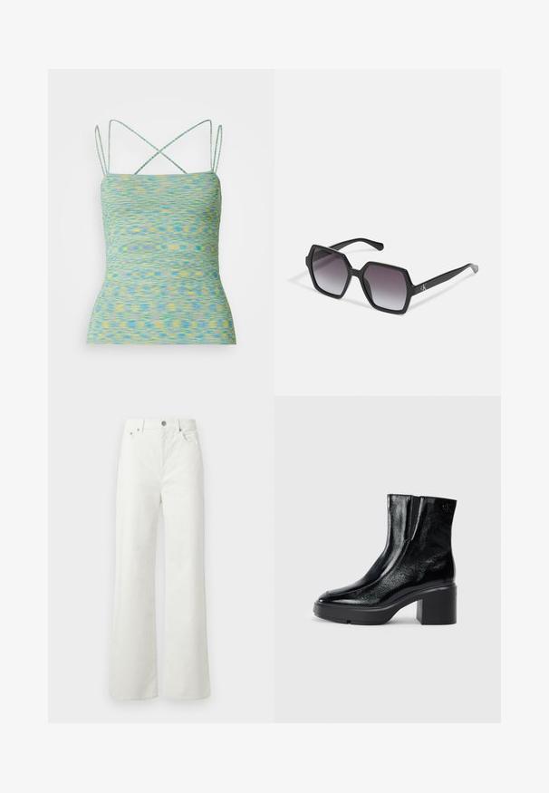Top ligero sin mangas con un patrón multicolor en azul y amarillo. Presenta tirantes cruzados y un diseño ajustado.; Samsøe Samsøe SHELLY - Vaqueros boyfriend - clear cream; Botas de tobillo de charol negro con puntera curva, paneles laterales elásticos y un tacón ancho. Presentan un logo embosado en la parte posterior.; Gafas de sol hexagonales negras con lentes degradados, que presentan un acabado brillante y un sutil branding en la patilla. Construcción de plástico duradero.