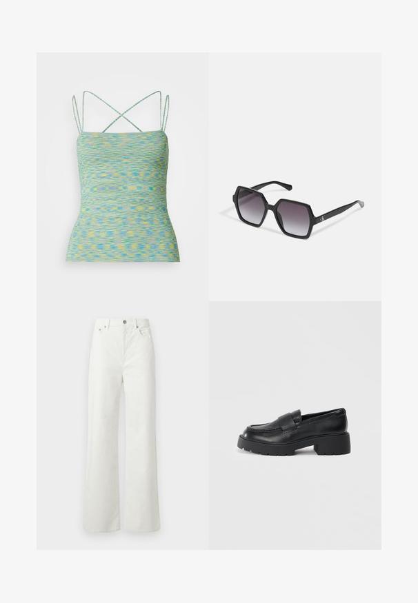 Könnyű, ujjatlan felső kék és sárga sokszínű mintával. Keresztpántos vállpántokkal és testhezálló kialakítással rendelkezik.; Samsøe Samsøe SHELLY - Laza szabású farmerek - clear cream; Fekete bőr loaferek, textúrált felülettel, a lábfejen egy téglalap alakú pánttal és vastag, barázdált talpformával.; Fekete, hatszögletű napszemüveg, fokozatosan sötétedő lencsékkel, fényes felülettel és diszkrét logóval a szárán. Tartós műanyagból készült.