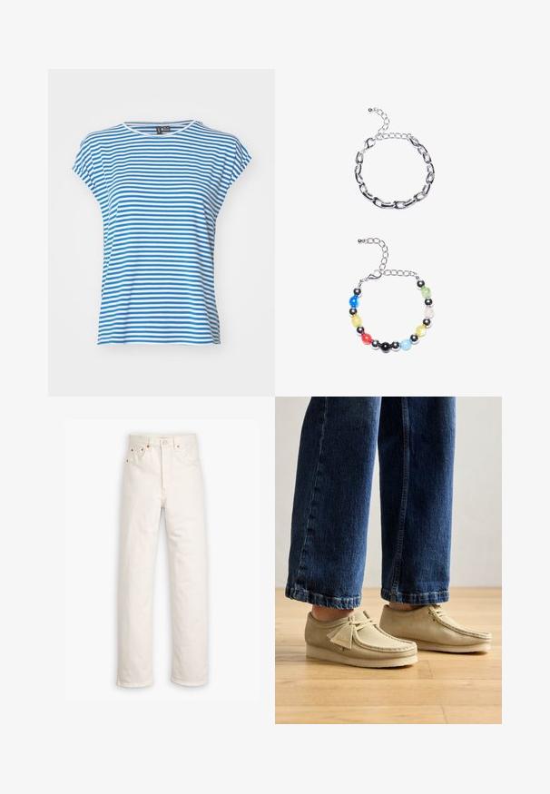 Blå- og hvitstripete kortermet T-skjorte med rund hals. Mykt bomullsmateriale, avslappet passform og sidesplitter for bedre bevegelse.; Hvite denimjeans med rett ben-design, fem-lomme stil, og kobberdetaljer. Rå sømfinish ved anklene.; Beige mockaskinnsko med runde tær og lav profil. Har snøring og stigede detaljer. Brukt med avkuttede blå jeans.; Sølv kjede armbånd med avlange lenker over. Under er et fargerikt perlearmbånd med svarte, blå, grønne, gule, røde og klare perler.
