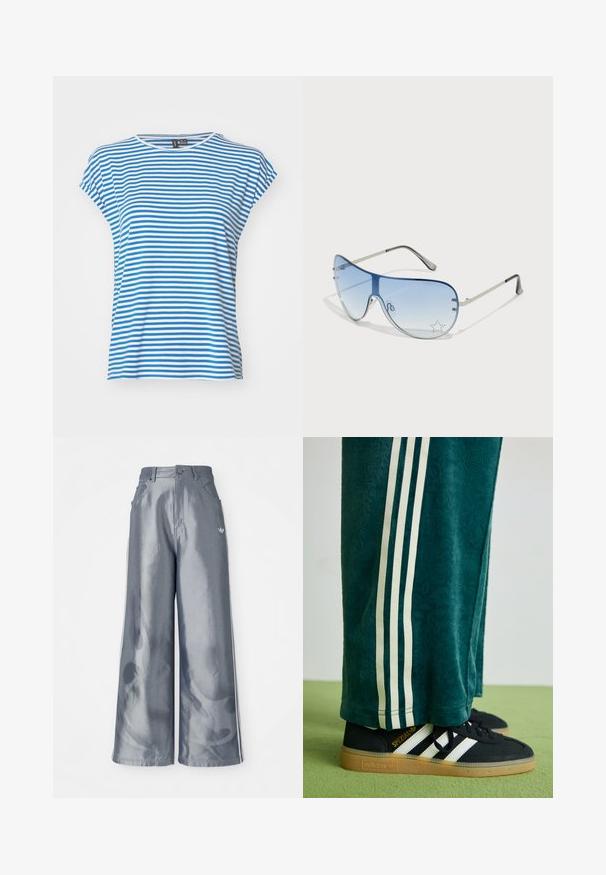 Modré a bílé pruhované tričko s krátkým rukávem a kulatým výstřihem. Měkký bavlněný materiál, volný střih a boční rozparky pro pohodlný pohyb.; Kalhoty s širokými nohavicemi z lesklého šedého materiálu, se bílými bočními pruhy a plamenným vzorem na spodní části nohavic. Zapínání na knoflík a zip v pase.; Zelené texturované kalhoty s bílými bočními pruhy, spárované s černými teniskami Adidas se třemi bílými pruhy a gumovou podrážkou.; Pilotské sluneční brýle s modrými gradientními skly, stříbrným kovovým rámem a dekorativními hvězdnými akcenty na sklech. Hladký a elegantní design.