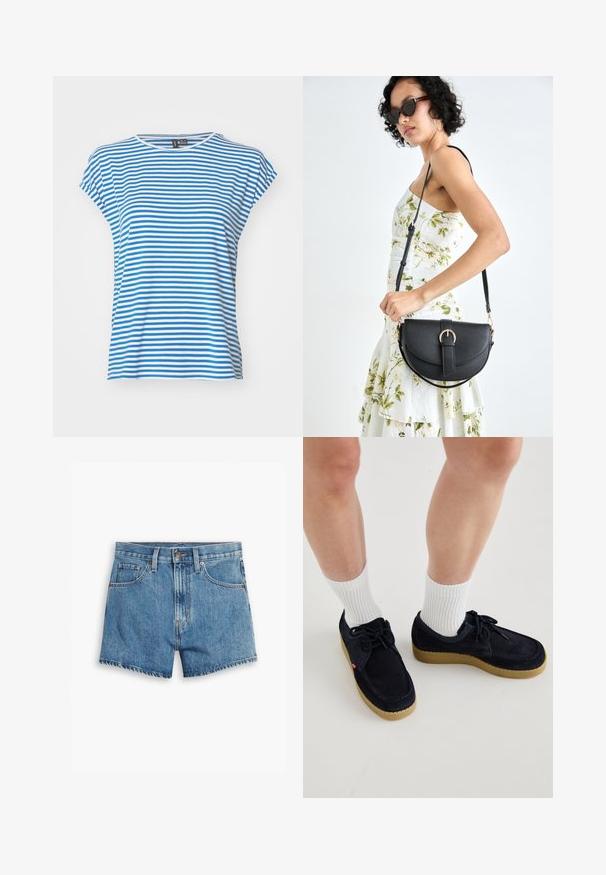 Modré a bílé pruhované tričko s krátkým rukávem a kulatým výstřihem. Měkký bavlněný materiál, volný střih a boční rozparky pro pohodlný pohyb.; Džínové šortky v světle modré barvě, s pěti kapsami, zipovým zapínáním a knoflíkovým uzávěrem. Lem je roztrhaný s uvolněným střihem.; Námořnické modré semišové boty s kulatou špičkou, šněrovacím designem a krémovou gumovou podrážkou. V kombinaci s bílými žebrovanými ponožkami.; Černá kožená kabelka s křivkovým tvarem, odnímatelným popruhem a zlatými detaily. Kabelka má klopu s přezkou.