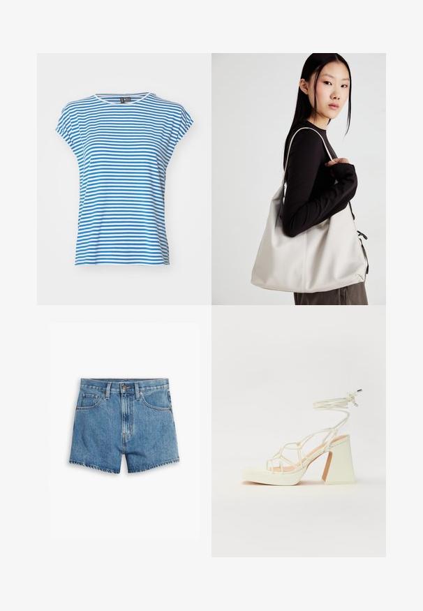 Zilā un baltā svītrainā īsās piedurknes T-krekls ar aplokšņu kakla izgriezumu. Mīksta kokvilnas auduma, brīva piegriezuma un sānu šķirbes vieglākai kustībai.; Gaiši zili džinsu šorti, kas aprīkoti ar piecām kabatām, rāvējslēdzēja aizdari un pogu aizdari. Apakšmala ir saplēsta, un izskats ir brīvs.; Baltas augstpapēžu sandales ar masīvu papēdi, ar siksnu dizainu un potītes saistītiem elementiem. Gluda tekstūra ar platformu priekšpusē, lai nodrošinātu papildu augstumu.; Bežs rokassoma, izgatavota no mīksta materiāla, ar brīvu dizainu, izšūtu apdari un divām plecu siksnām. Piemērota ikdienas lietošanai.