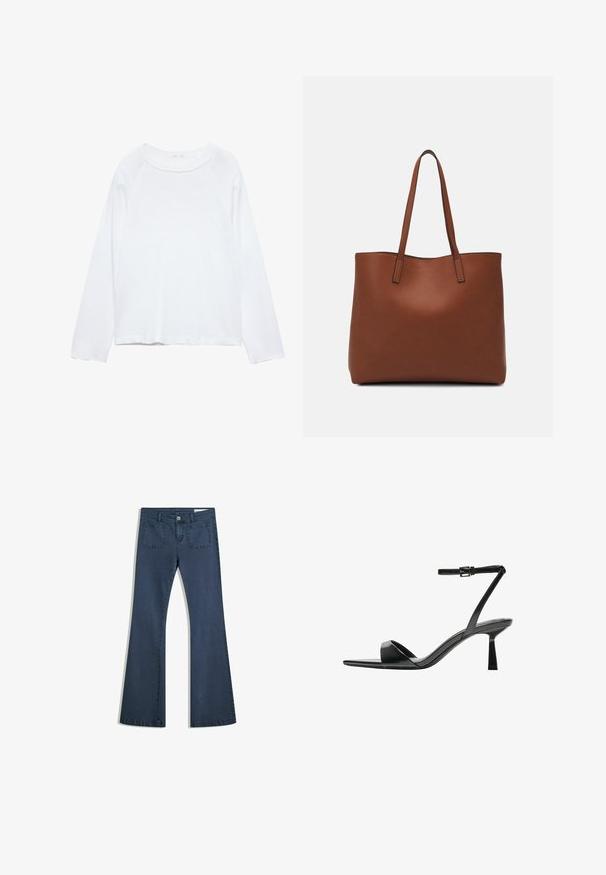 Top alb cu mânecă lungă, cu decolteu rotund, realizat dintr-un material ușor. Dispune de mâneci raglan și o croială lejeră. Textură netedă, fără modele.; Jeans din denim de un albastru închis, cu o croială evazată, buzunare cusute, închidere cu nasture și o textură netedă. Are un design clasic cu cinci buzunare.; Bershka Sandale cu toc - black; Geantă de umăr din piele maro cu o textură netedă, design cu vârf deschis și două curele pentru umăr. Prezintă cusături minime și fără componente metalice vizibile.