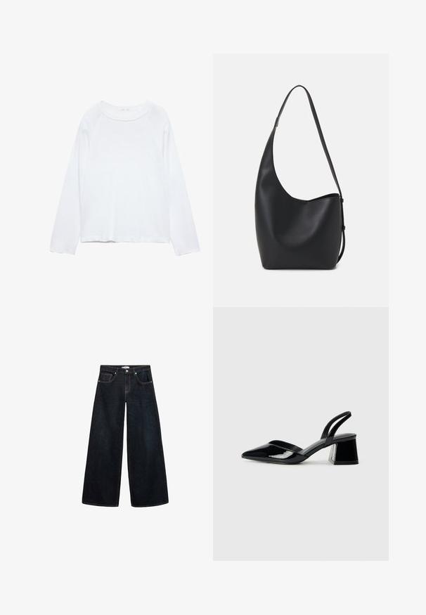 Bijela dugorukavna majica s okruglim izrezom, izrađena od lagane tkanine. Ima rukave tipa raglan i opušteni kroj. Glatka tekstura, bez uzoraka.; Široke tamne traperice s visokim strukom, koje imaju kontrastne šavove, prednje džepove i minimalistički dizajn.; Crne lakirane kožne sandale s otvorenom petom i špicastim vrhom, s geometrijskom blok petom. Imaju elegantan, minimalistički dizajn i glatku teksturu.; Crna kožna hobo torba s glatkom teksturom, zakrivljenim oblikom i jednom podesivom trakicom; ima širok otvor na vrhu.