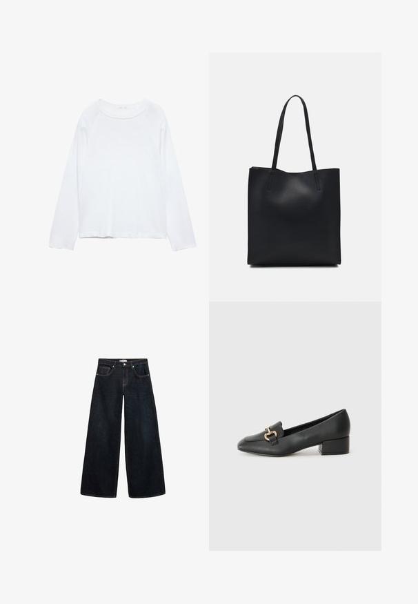 Top alb cu mânecă lungă, cu decolteu rotund, realizat dintr-un material ușor. Dispune de mâneci raglan și o croială lejeră. Textură netedă, fără modele.; Jeans din denim închis, cu picioare largi și talie înaltă, având cusături contrastante, buzunare frontale și un design minimalist.; Loaferi negri din piele, cu toc plat, având un detaliu decorativ din hardware auriu în față și o textură netedă.; Geantă tote neagră din piele, cu textură netedă, formă rectangulară și două mânere lungi. Fără hardware vizibil sau ornamente.