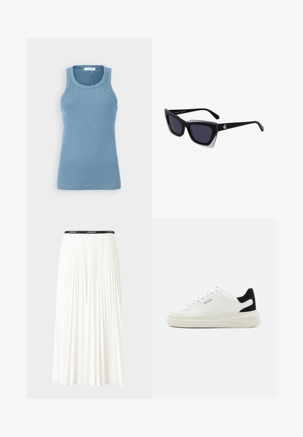 Világoskék bordázott ujjatlan póló, kerek nyakkal és széles karöltőkkel. Kicsi hímzett logó található a mellkasán.; Plisszírozott fehér szoknya fekete elasztikus derékkal, amelyen a "LACOSTE" logó található. Középhosszú kialakítás, puha tapintással.; Fehér bőr sportcipők vastag fehér talppal, fekete velúr sarokpikkelyel és dombornyomott logóval az oldalon. Fűzős kialakítás, hat fűzőlyukkal.; Fekete, nagyméretű napszemüveg geometrikus formával, sötét lencsékkel és kontrasztos szürke részlettel a kereten. Logó a szárán.