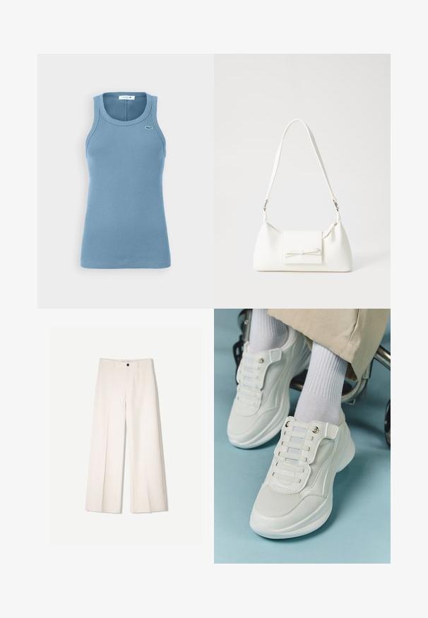 Svijetloplavi rebrasti top bez rukava s okruglim izrezom i širokim otvorima za ruke. Ima mali vezeni logo na prsima.; Kreme hlače širokih nogavica s krojem koji je prilagođen, s dva prednja džepa i jednim prednjim zatvaranjem na gumb, izrađene od glatkog materijala.; Bijele tenisice s mrežastim materijalom, gumeni potplat, dizajn bez vezica s elastičnim trakama i zlatnim detaljima.; Bijela sintetička torbica s trokutastim oblikom, ravnim prednjim poklopcem i detaljem u obliku mašne, podesivom remenom, glatkom teksturom i minimalističkim dizajnom.