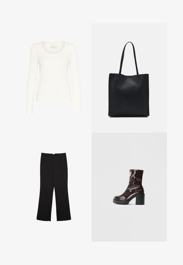 Maglietta bianca a maniche lunghe realizzata in tessuto a coste, con scollatura a zigzag e design aderente. Etichetta con scritto "KAFFE." Texture liscia.; Pantaloni neri a gamba dritta, con tasche frontali e spacchi laterali all'orlo. Realizzati in tessuto morbido e liscio. Adatti a diverse occasioni.; Stivale alla caviglia bordeaux lucido con un tacco spesso nero, caratterizzato da una superficie liscia e un design semplice. Nessuna chiusura visibile o motivo.; Borsa tote in pelle nera con texture liscia, forma rettangolare e due manici lunghi. Nessun hardware o decorazione visibile.