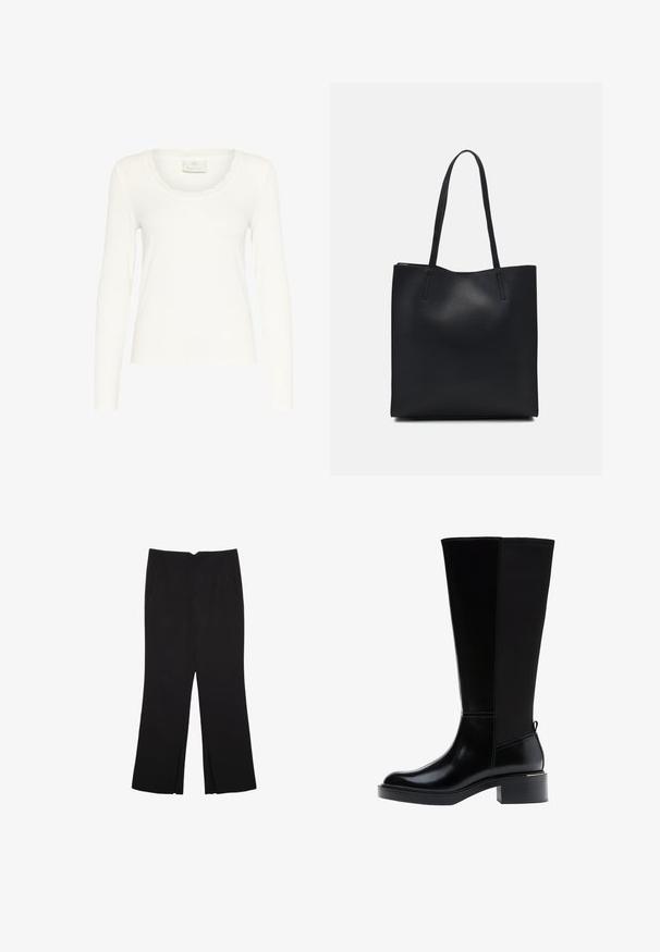 Long-sleeve white top made of ribbed fabric, featuring a scalloped neckline and fitted design. Label reads "KAFFE." Smooth texture.; Black trousers with a straight fit, featuring front pockets and side slits at the hem. Made of soft, smooth fabric. Suitable for various occasions.; Black knee-high boot with a smooth leather finish, prominent stitching, a chunky heel, and a textured back panel for added interest.; Black leather tote bag with smooth texture, rectangular shape, and two long handles. No visible hardware or embellishments.