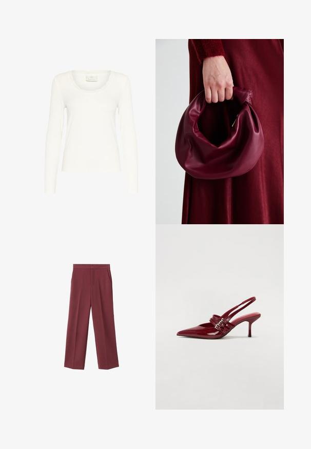 Bluză albă cu mâneci lungi din țesătură ribbed, cu un decolteu zimțat și un design ajustat. Eticheta spune "KAFFE." Textură netedă.; Pantaloni largi de culoare vișinie, cu o textură fină, dotate cu buzunare laterale și un design cu talie înaltă. Croiți cu o pliu curat pe față.; Pantofi cu toc slingback din piele roșie lacuită, cu vârf ascutit, două curele cu cataramă și un toc subțire, de înălțime medie. Textură netedă.; Geantă de mână din piele burgundă, cu un design moale și pliat și o formă rotundă. Mânerele sunt securizate, evidențiind o textură netedă.