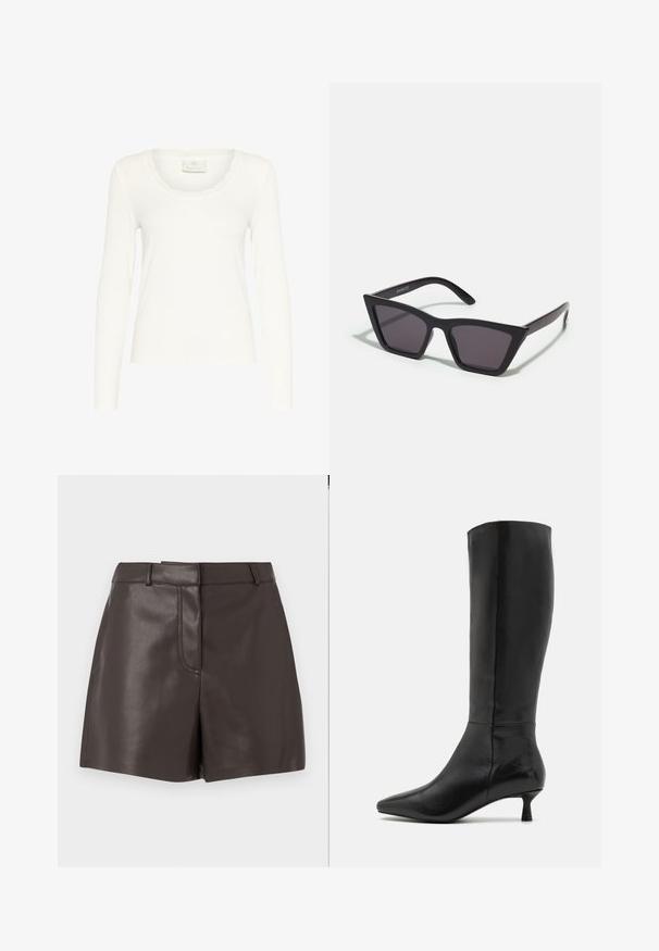 Pitkähiha valkoinen paita, joka on valmistettu ribbed-kankaasta ja jossa on aaltoileva kaula-aukko sekä vartalonmyötäinen muotoilu. Tunnus lukee "KAFFE." Sujuva rakenne.; Ruskeat nahka-shortsit, joissa on sileä pinta, etusauma, vyölenkit ja kaksi sivutaskua. Suunniteltu istuvaksi siluetiksi.; Zign Saappaat - black; Mustat, kulmikkaat aurinkolasit harmailla linsseillä; valmistettu muovista, paksuilla varsilla, joissa on sileä pinta ja ilman näkyvää metalliosaa.; Ruskea nahkalaukku, jossa on kaksi tukevasti kantavaa kahvaa, suorakaiteen muotoinen, sileä pinta ja vetoketjukiinnitys. Minimalistinen muotoilu ilman näkyviä kuvioita.