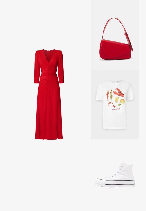 Baltas kokvilnas T-krekls ar apdrukātu dizainu, kurā attēloti sarkani omāri, garneles un citrona šķēles, ar "sea market" tekstu sarkanā krāsā.; Sarkana kleita ar V veida kakla izgriezumu, trīs ceturtdaļu piedurknēm un ruched detaļām viduklī un mugurā. Audums izskatās gluds un viegls.; Balti augstie kanvas sporta apavi ar melnu gumijas zoli, priekšējo gumijas purngalu un sešām acīm lencēm, kuriem ir tīrs, minimālistisks dizains.; Sarkans ādas rokassomi ar stūrainu, ģeometrisku dizainu. Iekļauj vienu regulējamu siksnu un vāku ar izšūtu detaļu.